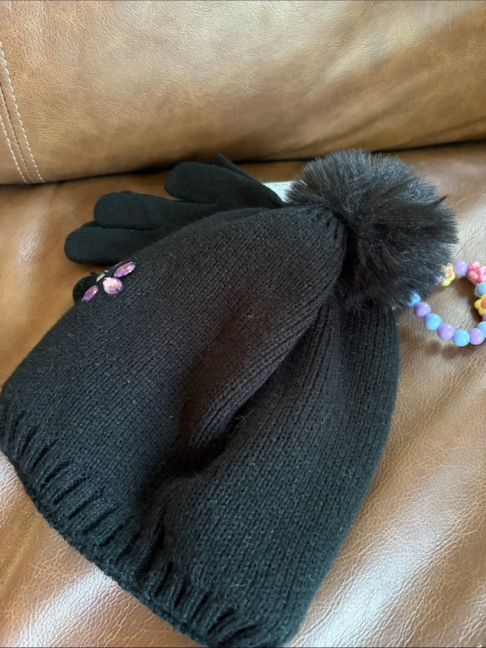 Love & Fashion Kids Black Beanie Hat and Glove Set with Colorful Gem Flowers
